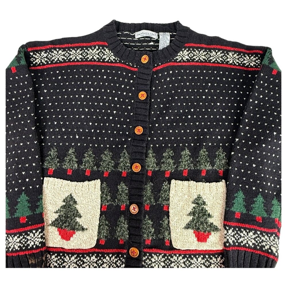VTG Northern Isles Christmas Tree Cardigan Sweater Size Large Black Nordic Style - Picture 2 of 13